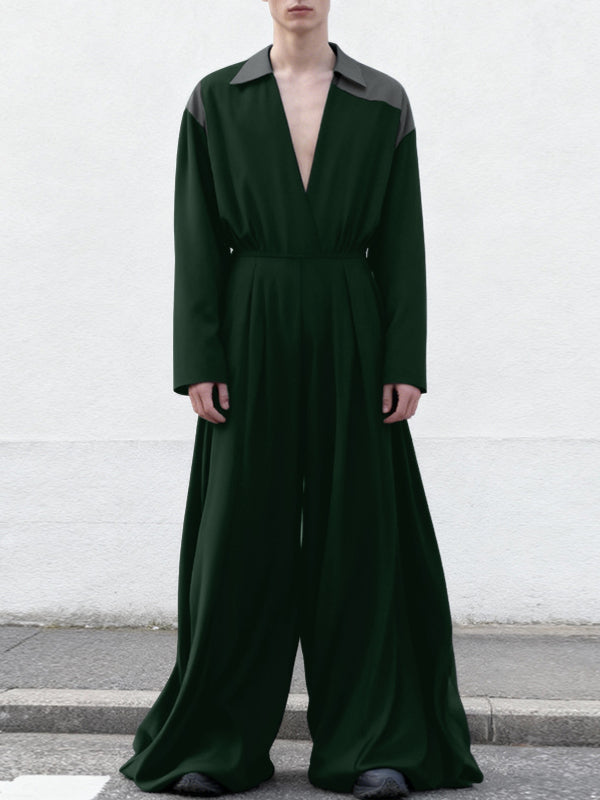 Men's Contrast Color Patchwork Loose Fit Long Sleeve Jumpsuit SKUL53174