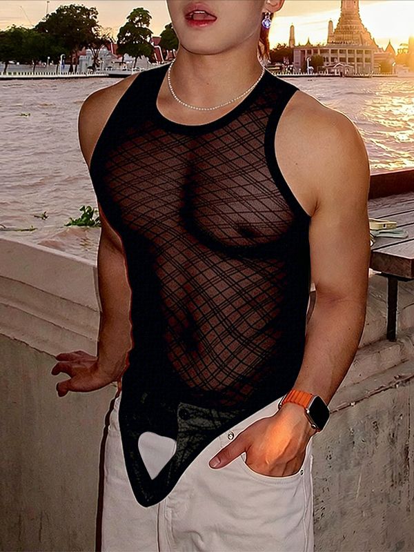 Men's Clubwear Sexy Sheer Plaid Mesh High Cut Tank SKUL66185