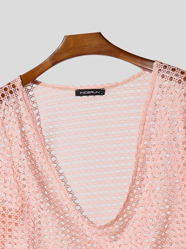 Men's Hollow Mesh Pocket Collar Short Sleeve T-shirt SKUL54095