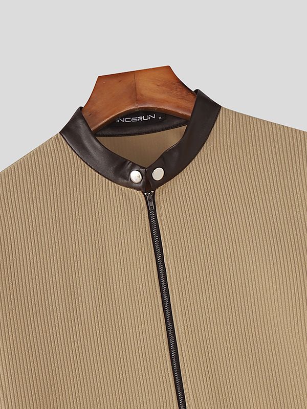 Men's Solid Color Textured Short Sleeve Zipper Cardigan SKUL48004