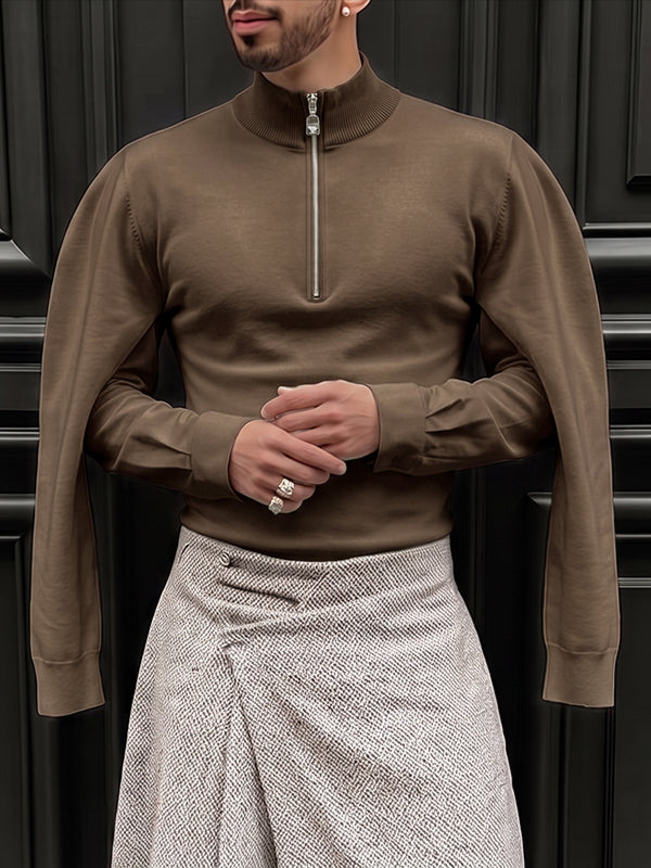 [Pre-order] Men's Avant-Garde Deconstructed Stage Runway Layered Double-Sleeve Half-Zip T-shirt SKUL88390
