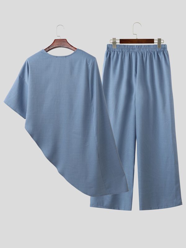 Men's Avant-Garde Zen Minimalist Wrap-Style Slanted Hem Two Pieces Outfit SKUL63840