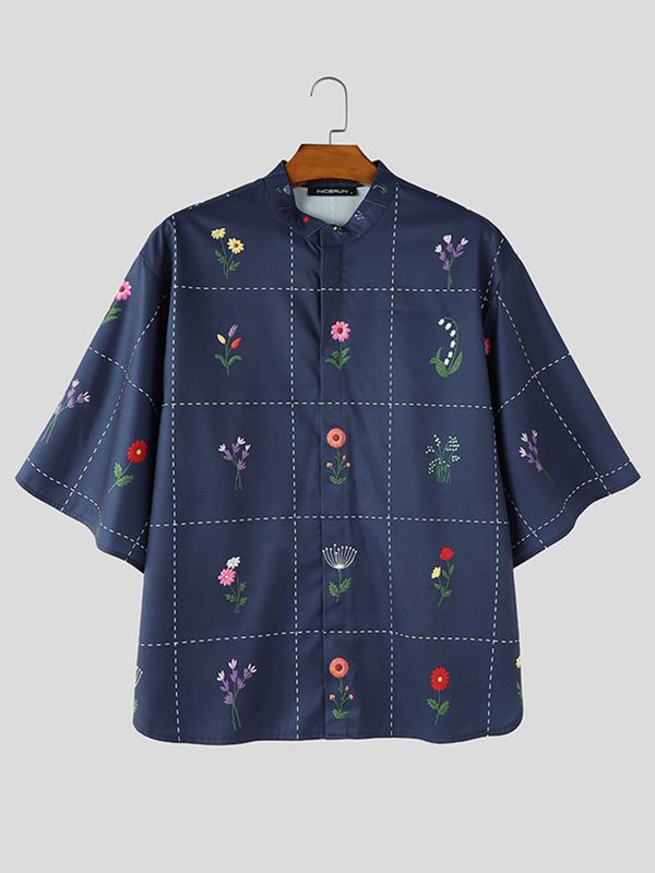 Men's Avant-Garde Neo-Chinese Dotted-Grid Floral Print Short Sleeve Shirt SKUL72451