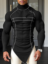 Men's Leather Buckle Patchwork Irregular Hem Long Sleeve T-Shirt SKUL30456