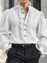 [Pre-order] Men's Vintage Dandy Stage Runway Ruffle Frill V-Neck Puffed Sleeve Striped Shirt SKUL89227