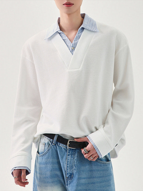 Men's Stripe Contrast Collar Long Sleeve Shirt SKUL29545