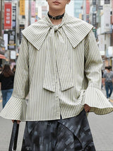 Men's Stripe Shawl Lace Up Flared Sleeve Shirt SKUL47925