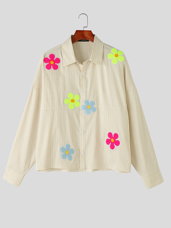 Mens 3D Floral Patchwork Striped Long Sleeve Shirt SKUL12496