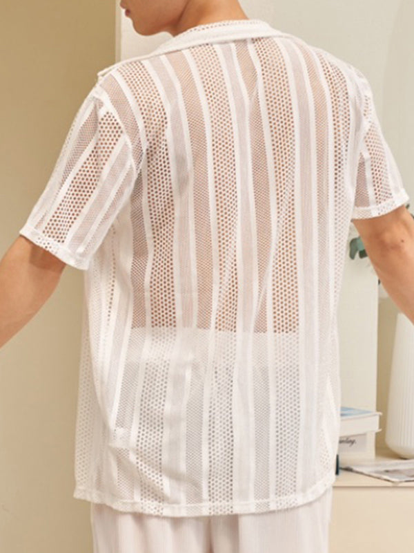 Mens Striped Mesh See Through Revere Shirt SKUK19551