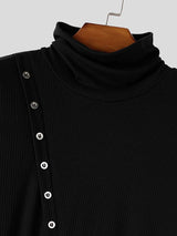 Men's Avant-Garde Diagonal Metal Grommet Buckled Belt Split Hem Long Sleeve Turtleneck T-shirt SKUL81136