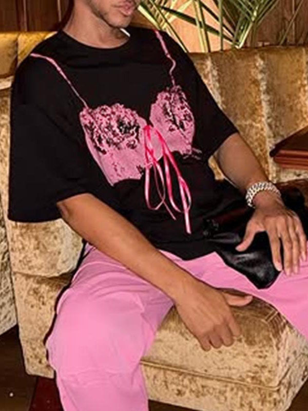 Mens Lace Print Patchwork Short Sleeve T-Shirt SKUL03647