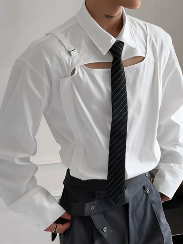 Men's Solid Hollow Fake Two Piece Long Sleeve Shirt SKUL24190