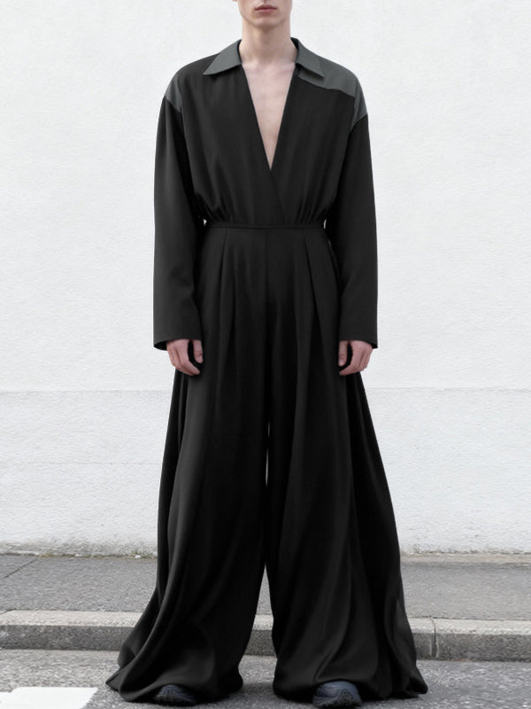 Men's Contrast Color Patchwork Loose Fit Long Sleeve Jumpsuit SKUL53174