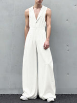 Men's Solid Color Loose V Neck Jumpsuit SKUL50580