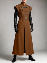 Men's Avant-Garde Runway Military Strap Metal Button Belted Sleeveless Stand Collar Floor Length Waistcoat SKUL81730