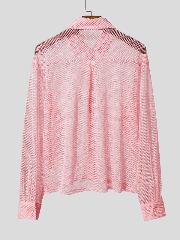 Men's High Street Resort Hollow Out Fishnet Sheer Turn Down Collar Long Sleeve Loose Shirt SKUL71405
