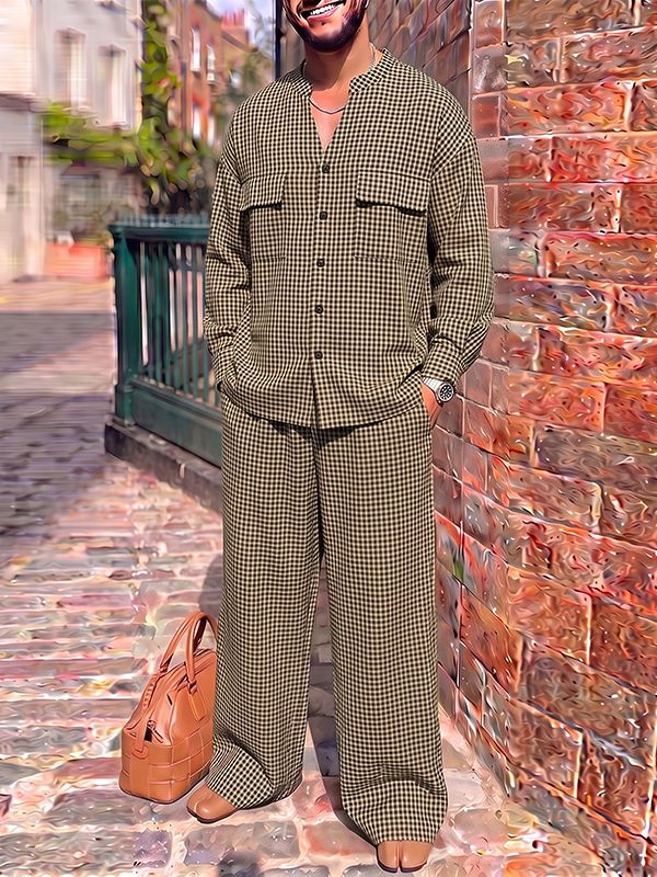 Men's Commute Micro-Houndstooth Deep-V Collarless Two Pieces Outfit SKUL79521
