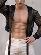 Men's Clubwear Neon Fishnet Mesh Tie-Front Cropped Cardigan SKUL76399