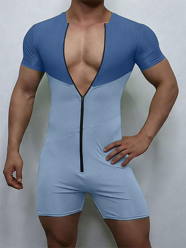Men's Contrast Color Short Sleeve Boxer Bodysuit SKUL50064
