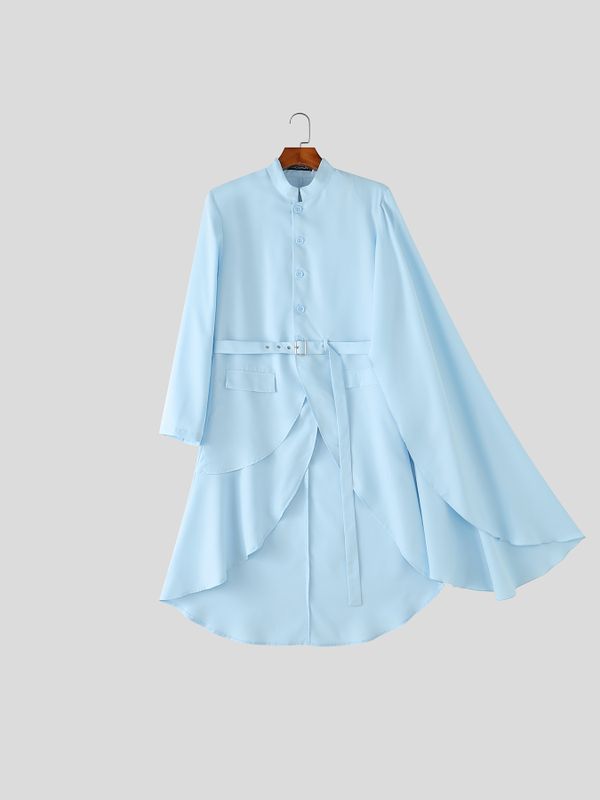 Men's Avant-Garde Runway Asymmetrical Cape Cloak Tiered Layered Hem Belted Long Sleeve Stand Collar Blazer SKUL78341