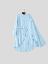 Men's Avant-Garde Runway Asymmetrical Cape Cloak Tiered Layered Hem Belted Long Sleeve Stand Collar Blazer SKUL78341
