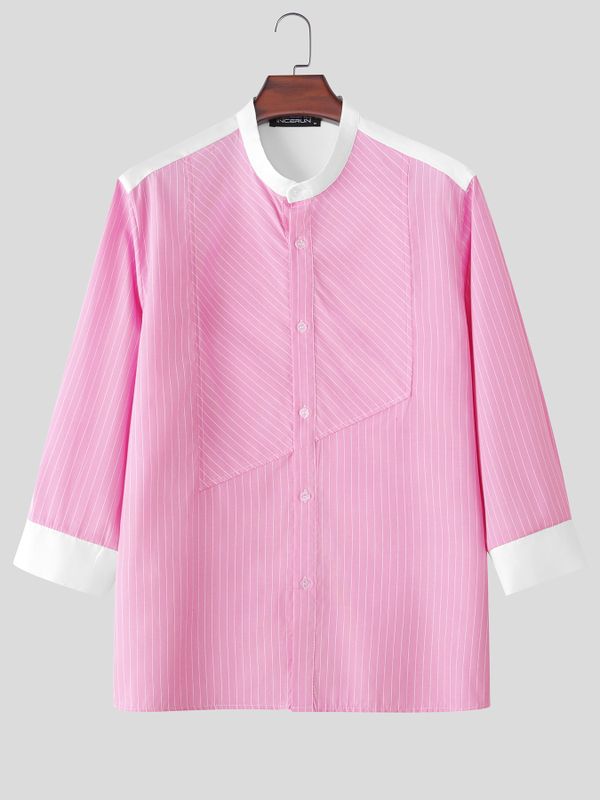 Men's Casual Striped Contrast Color Patchwork Stand Collar Three Quarter Sleeve Shirt SKUL76751