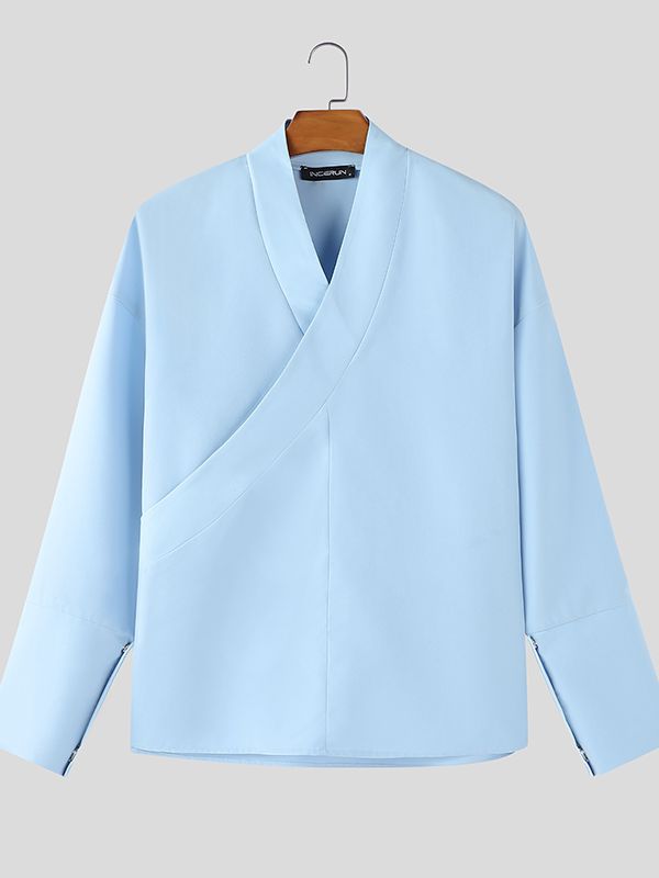 Men's Solid Color Asymmetric Placket Long Sleeve Shirt SKUL46085