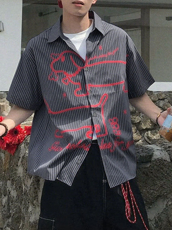 Men's Cartoon Dog Print Striped Short Sleeve Shirt SKUL26987