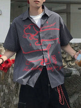 Men's Cartoon Dog Print Striped Short Sleeve Shirt SKUL26987