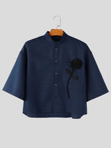 Men's Vintage Modern Chinese Mandarin Collar 3D Applique Rose Cropped Short Sleeve Shirt SKUL73660