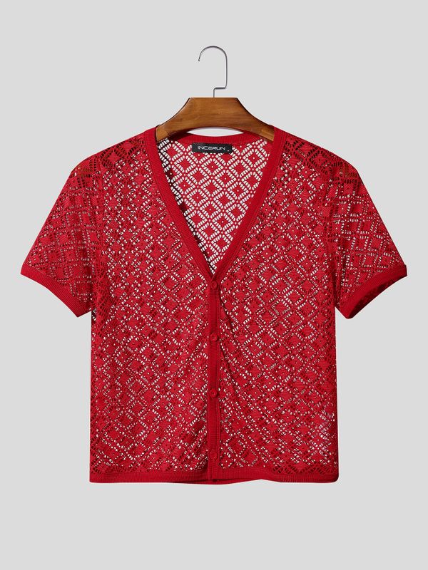 Men's Hollow Sheer V Neck Short Sleeve T-shirt SKUL54434