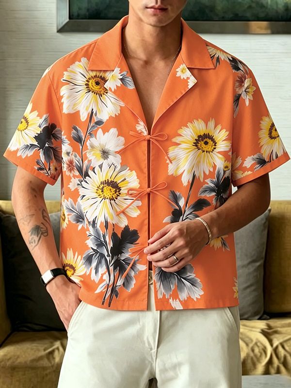 Men's Summer Hawaiian Sunflower Print Cuban Collar Open Front Tie Knot Short Sleeve Shirt SKUL58684