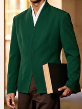 Men's Zen Minimalist Tea Gathering Overlap V-Neck Shawl Collar Buttonless Blazer SKUL85966