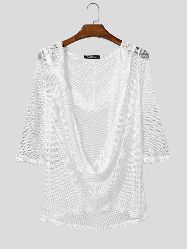 Men's Sheer Mesh Draped Neck Hooded Half Sleeve T-shirt SKUL54043