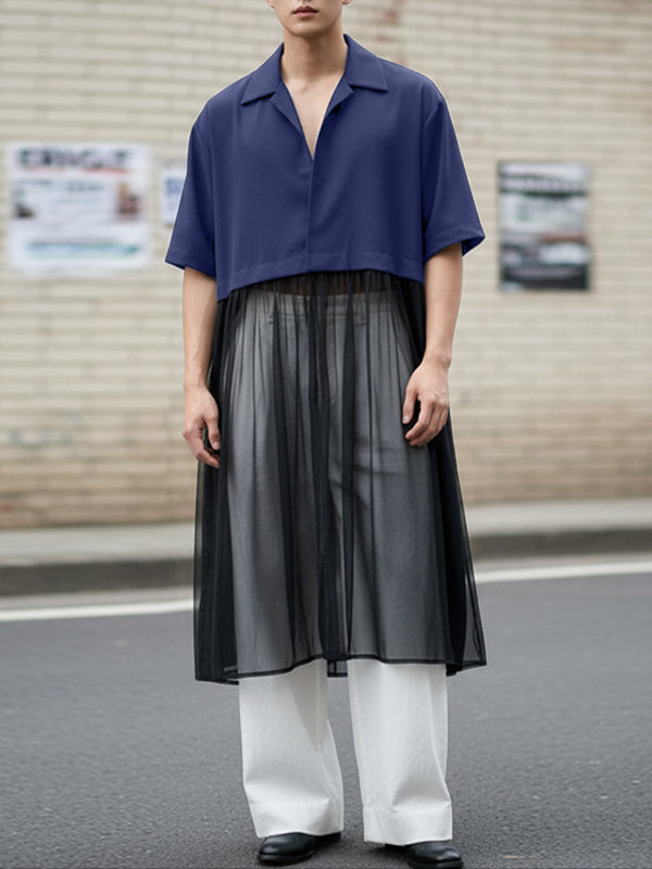 Men's Sheer Mesh Patchwork Short Sleeve Cardigan SKUL49877