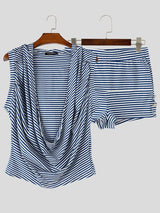 Men's Beach Resort Striped Deep U-Neck Cowl Drape Hooded Tank SKUL68289