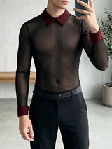 Men's Avant-Garde Sheer Mesh Contrast Collar Long Sleeve Shirt SKUL77323