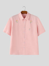 Men's Casual Minimalist Print Moon and Floral Short Sleeve Shirt SKUL74814