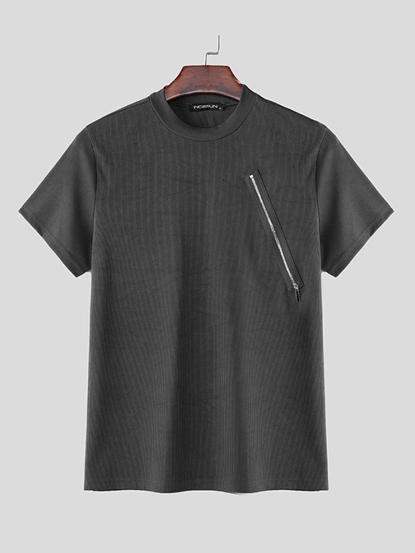 Mens Solid Color Zipper Patchwork Short Sleeve T-Shirt SKUK96756