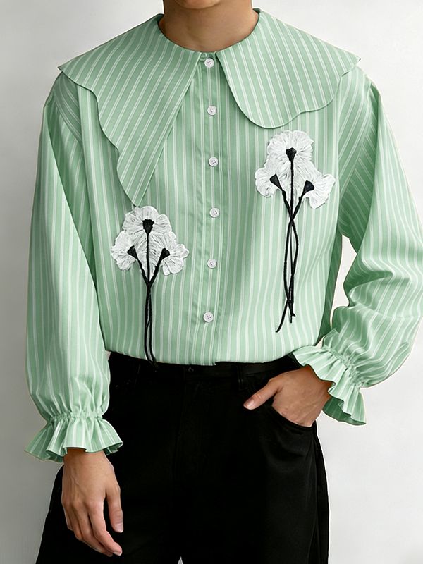 Men's Floral Print Striped Asymmetric Collar Long Sleeve Shirt SKUL50834