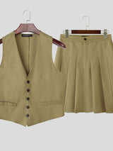 Men's Solid Color Pleated Skirt Two Pieces Outfit SKUL41268