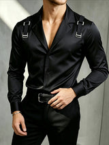 Men's High Street Shoulder Buckle Strap Plunging Deep V Long Sleeve Shirt SKUL81166