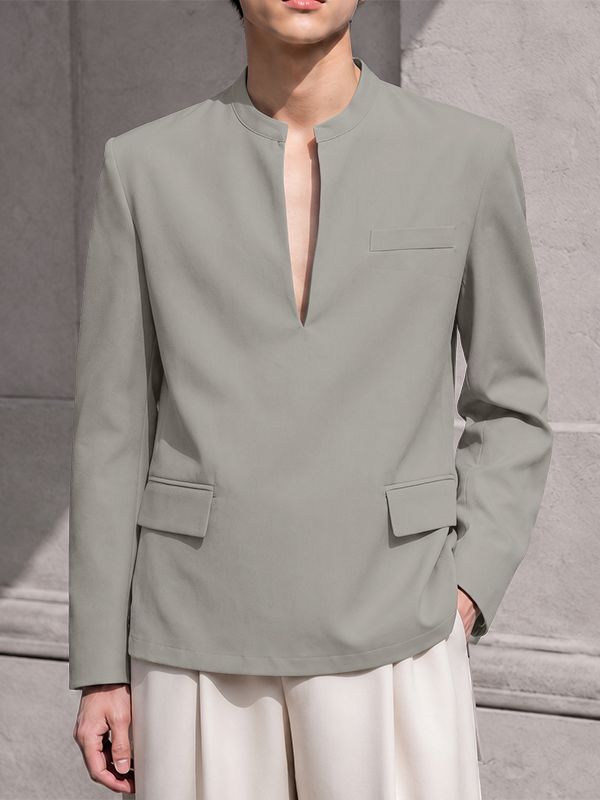 Men's Early Autumn Urban Casual Plunge V-Front Tailored Pocket Long Sleeve Blazer SKUL78165
