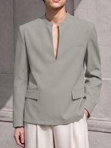 Men's Early Autumn Urban Casual Plunge V-Front Tailored Pocket Long Sleeve Blazer SKUL78165