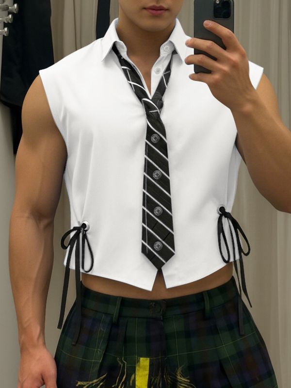 Men's Solid Color Drawstring Tie Cropped Sleeveless Shirt SKUL37675