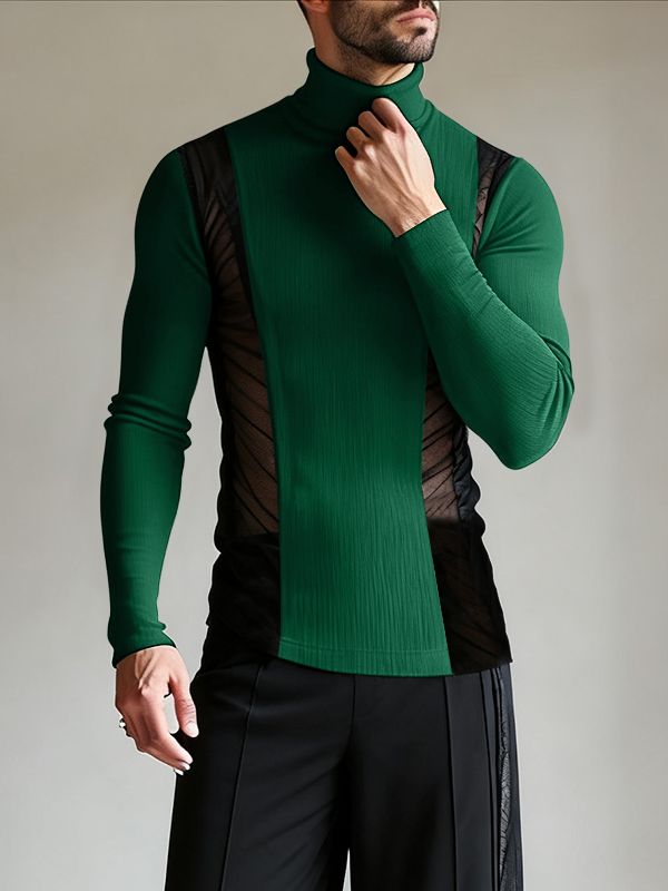 Men's Sheer Mesh Patchwork Knitted Textured High Neck Long Sleeve T-shirt SKUL43940