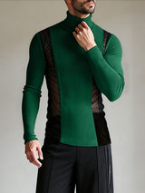 Men's Sheer Mesh Patchwork Knitted Textured High Neck Long Sleeve T-shirt SKUL43940