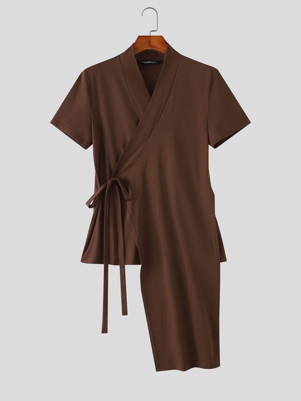 Men's Solid Color Tie Short Sleeve Cardigan SKUL60272