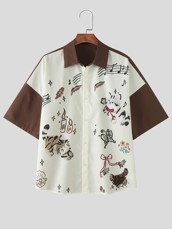 Men's Vintage Japanese Cityboy Cat Graphic Contrast Stitching Short Sleeve Shirt SKUL63833