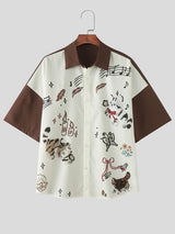 Men's Vintage Japanese Cityboy Cat Graphic Contrast Stitching Short Sleeve Shirt SKUL63833
